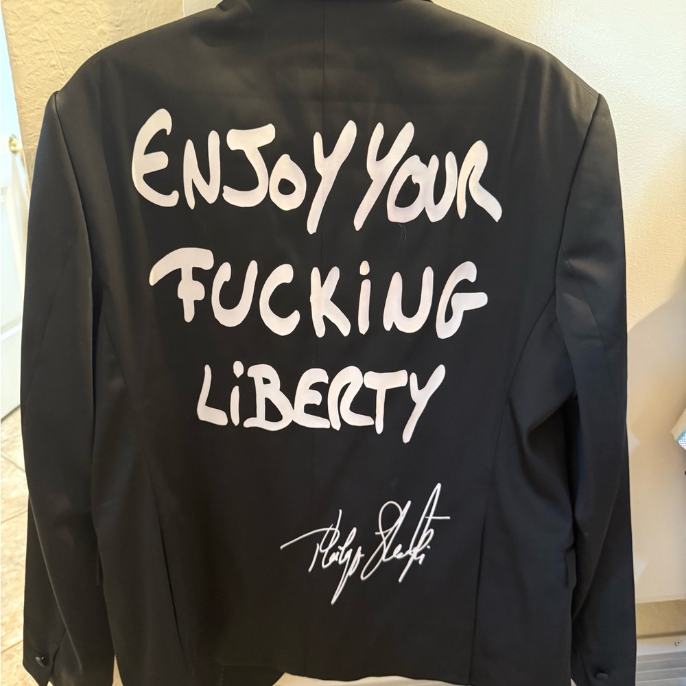 Black Jacket with Bold White Text